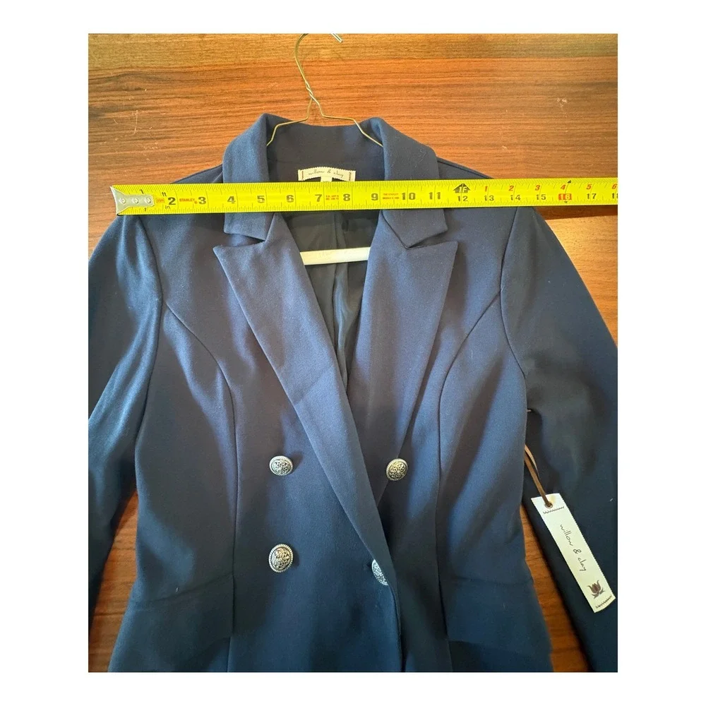 Willow & Clay Navy Blue Double Breasted Blazer Silver Crest Button Jacket XS NEW